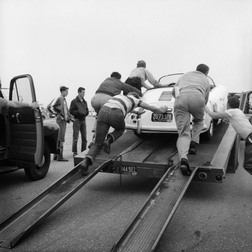 James Dean Pushing Porsche at Car Rally