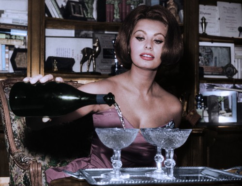 Sophia Loren Pouring Champagne in Glasses